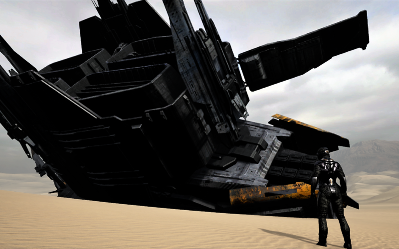 A desert nomad approaches a ship partially buried in the sand.