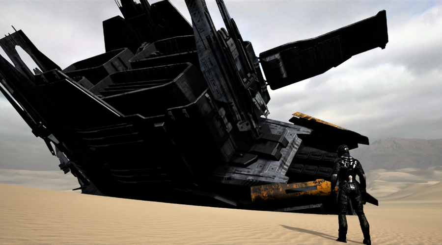 A desert nomad approaches a ship partially buried in the sand.