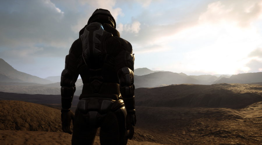 Player character in armored space suit explores a planet.