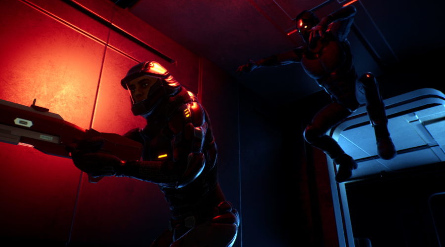 Sci-Fi soldier patrols hallway unaware of enemy behind him.